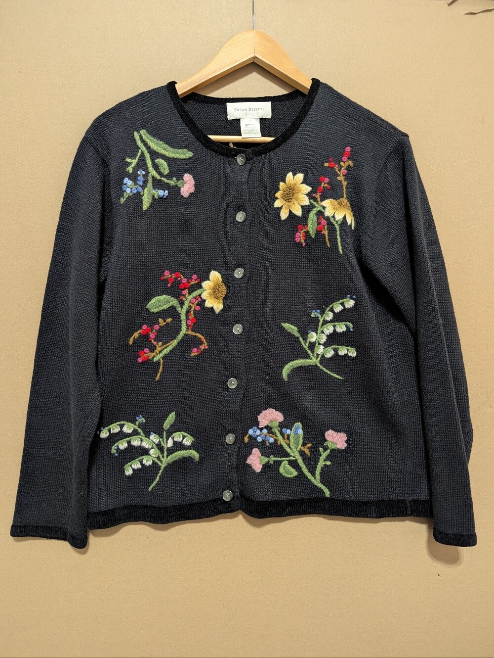 VTG Susan Bristol Hand Embroidered Floral Cardigan Black Medium Cottage Grandma
